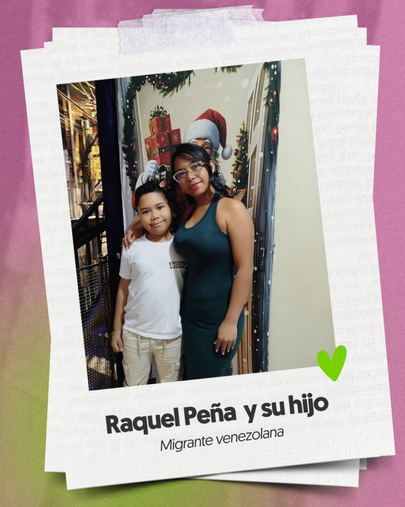 Foto polaroid de mujer migrante venezolana y su hijo sobre fondo rosado.
